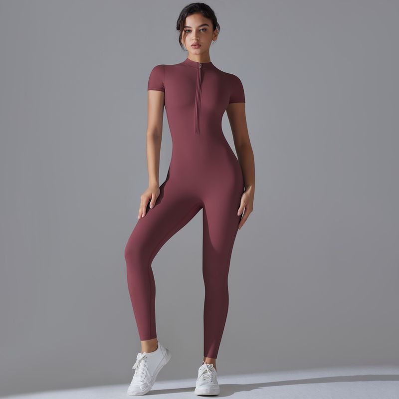 Women's Clothing Zipper Short Sleeved Yoga Suit Jumpsuit Quick Drying Breathable Outdoor Sports Tight Jumpsuit Fitness Clothes_voghion.com