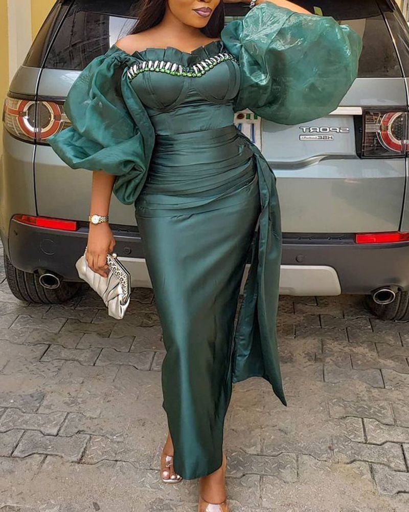 Women's Clothing High Waist Cotton Long Skirt Temperament Commuter Skirt Suit Green Wrapped Chest Puff Sleeve High Waist Long Skirt_voghion.com