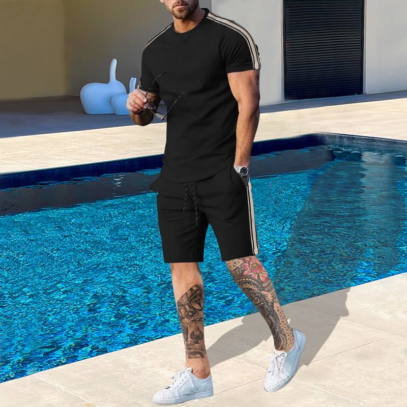 Frühling und Herbst Neues Rundhalshemd Kurzarmshorts Seitenstreifen Lässige Mode Herren 2-teiliges Set_voghion.com