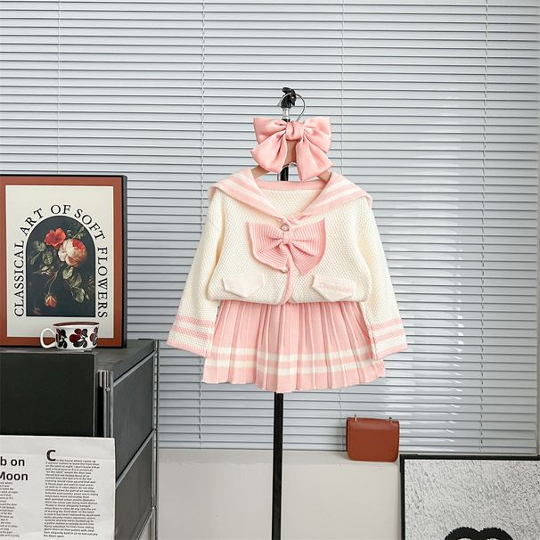 Girls Sweater Suit 2023 Autumn And Winter New Style College Style Two Piece Suit Navy Style Korean Version Knitted Bow Skirt_voghion.com