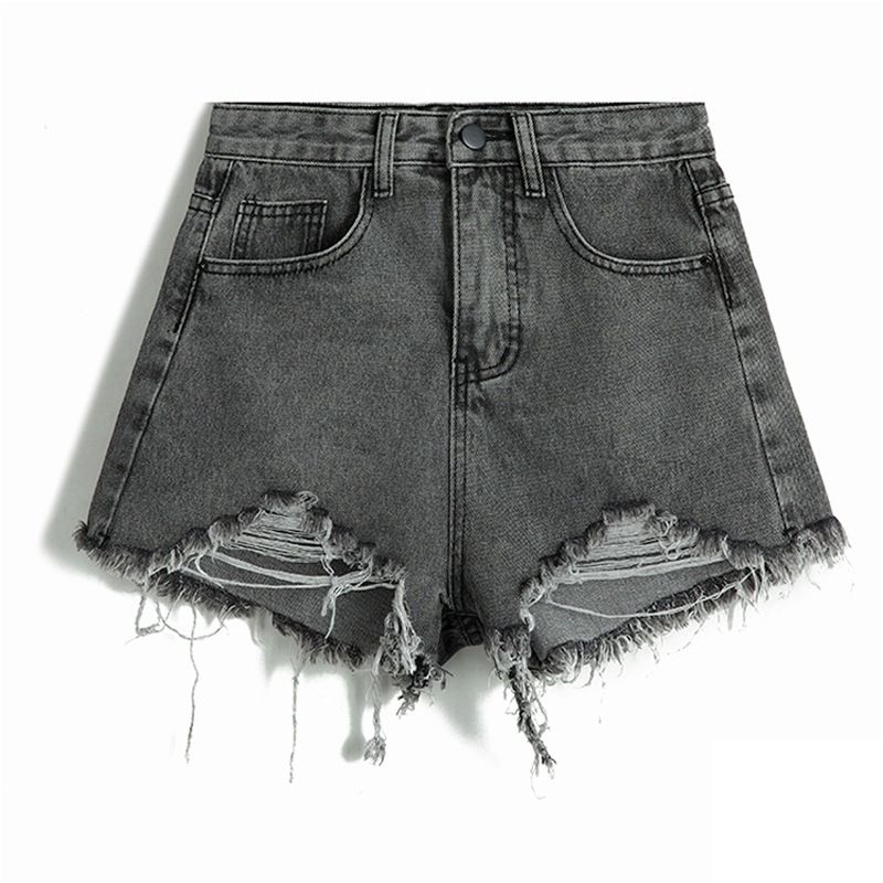 Black gray denim shorts women with high waist, burr edges, holes, thin style. New loose and versatile A-line hot pants_voghion.com