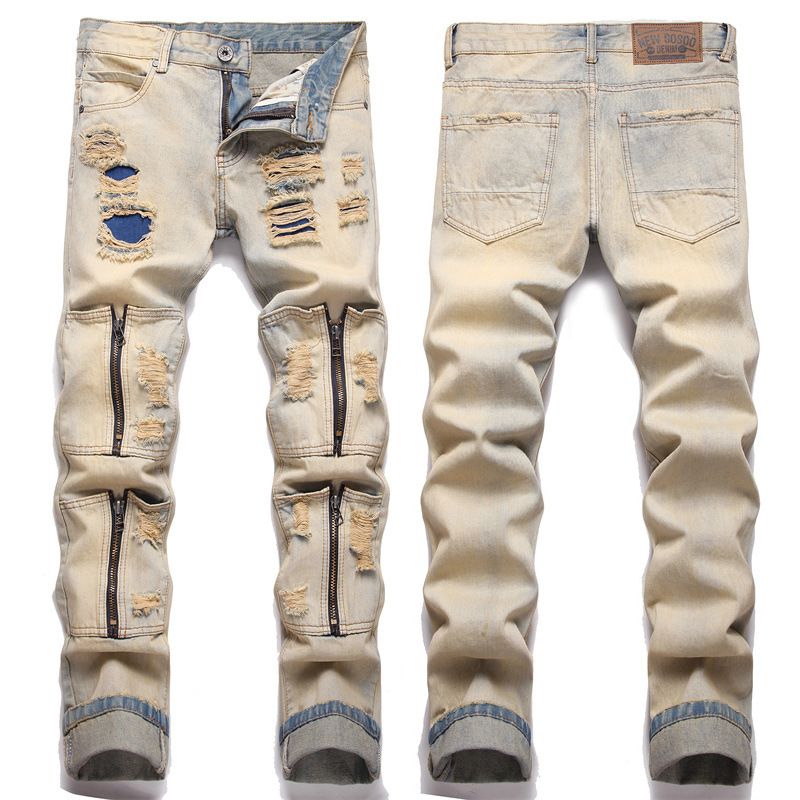 Jeans multi-borsa alla moda Tongpai slim fit punk elastici da uomo in pelle gialla con cerniera usurata_voghion.com