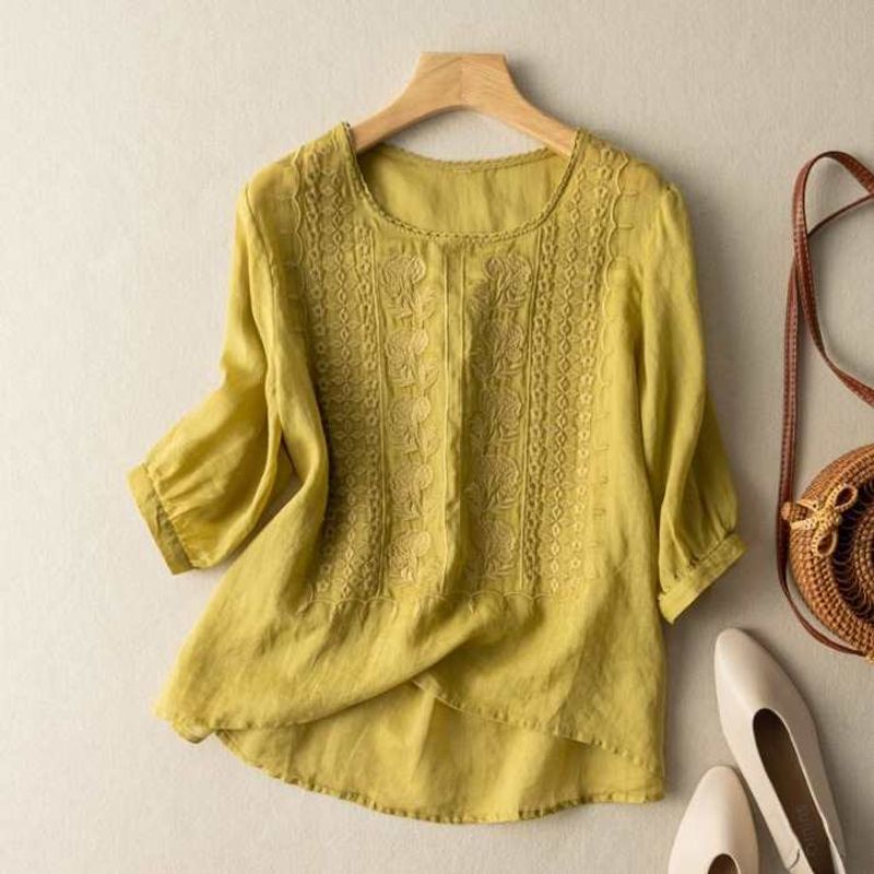 Women's Clothing Summer New Cotton And Linen Mid Sleeve Ladies Shirt Heavy Embroidery Loose Artistic Retro Thin Top White_voghion.com