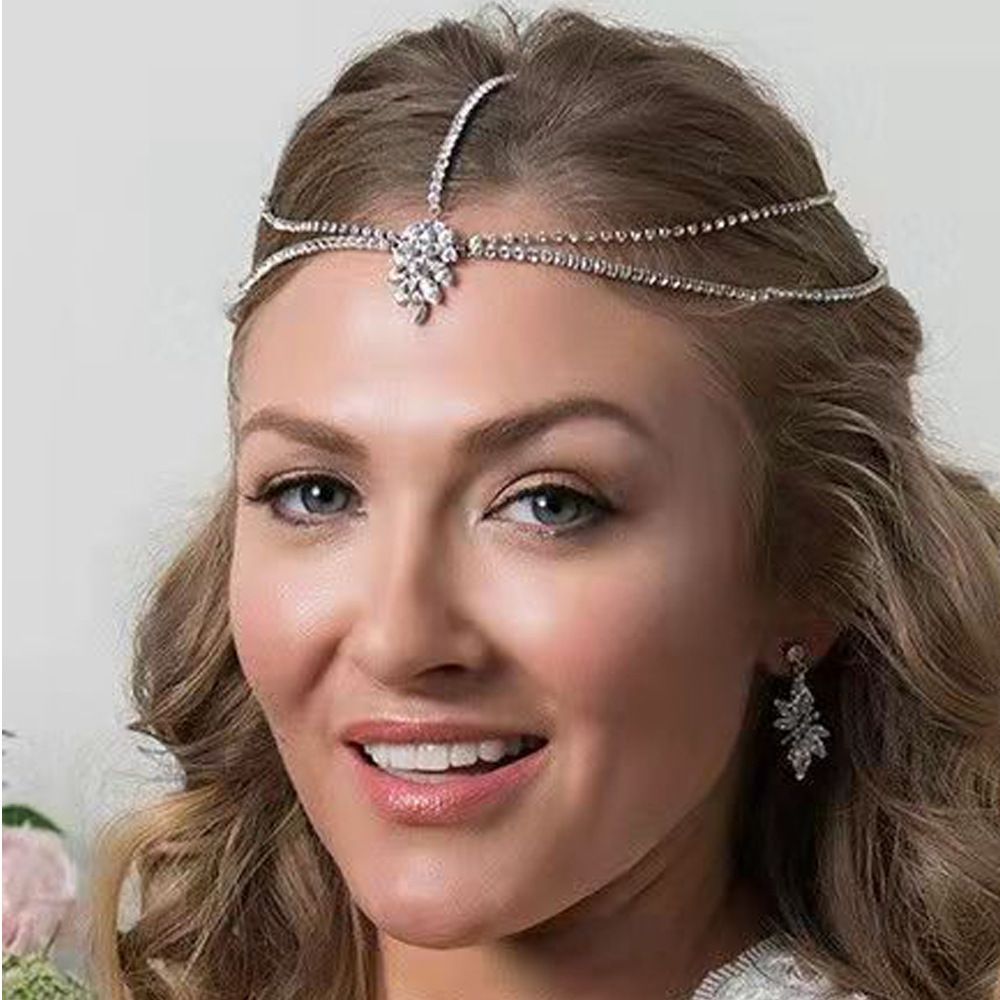 gioielli davanti e dietro con doppia catena in zircone, copricapo da sposa semplice con diamanti a doppio strato_voghion.com