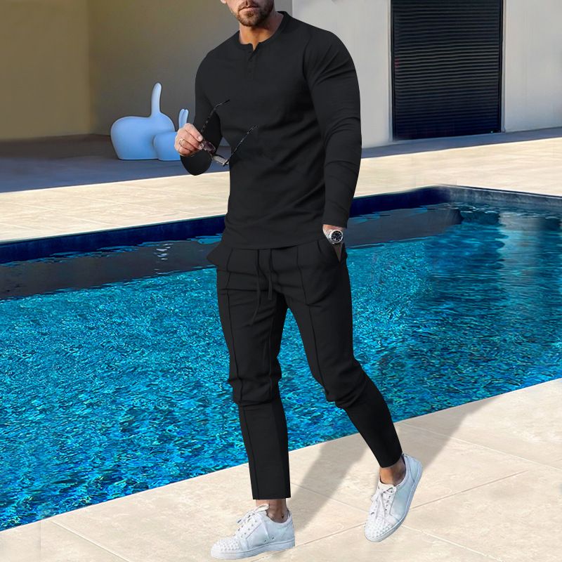Men's Large Size Men's Solid Color Henry Shirt Long Sleeve Trousers Suit Trendy Spot_voghion.com
