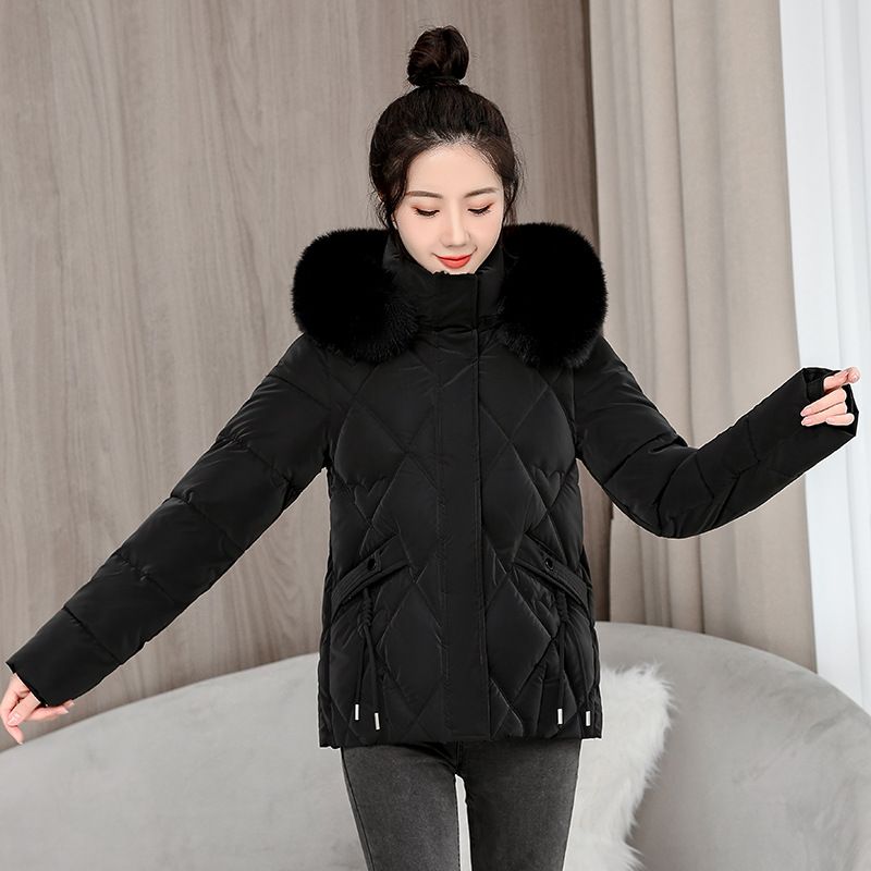 Damenbekleidung Wintermäntel im neuen Stil, Jacke für den Winter mit Fell, schmale Passform, Kapuze, großer Pelzkragen, Baumwollmantel für Studenten, kurze Baumwolljacke, verdickter Mantel_voghion.com