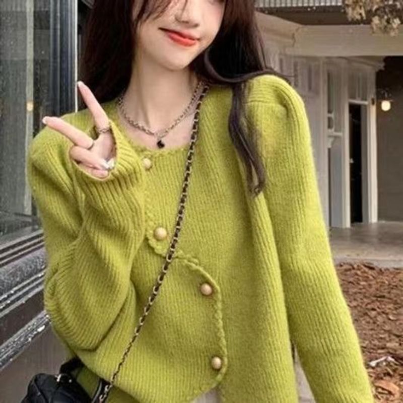 Cardigan tricoté de style petit parfumé haut de gamme pour femme en automne hiver, doux et doux, style irrégulier, court et ample_voghion.com