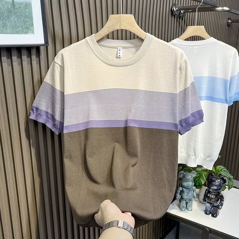 Men's Clothing Gradient Stripes Contrast Color Round Neck Knitted Short Sleeved T Shirt Summer High End Business Casual Top_voghion.com