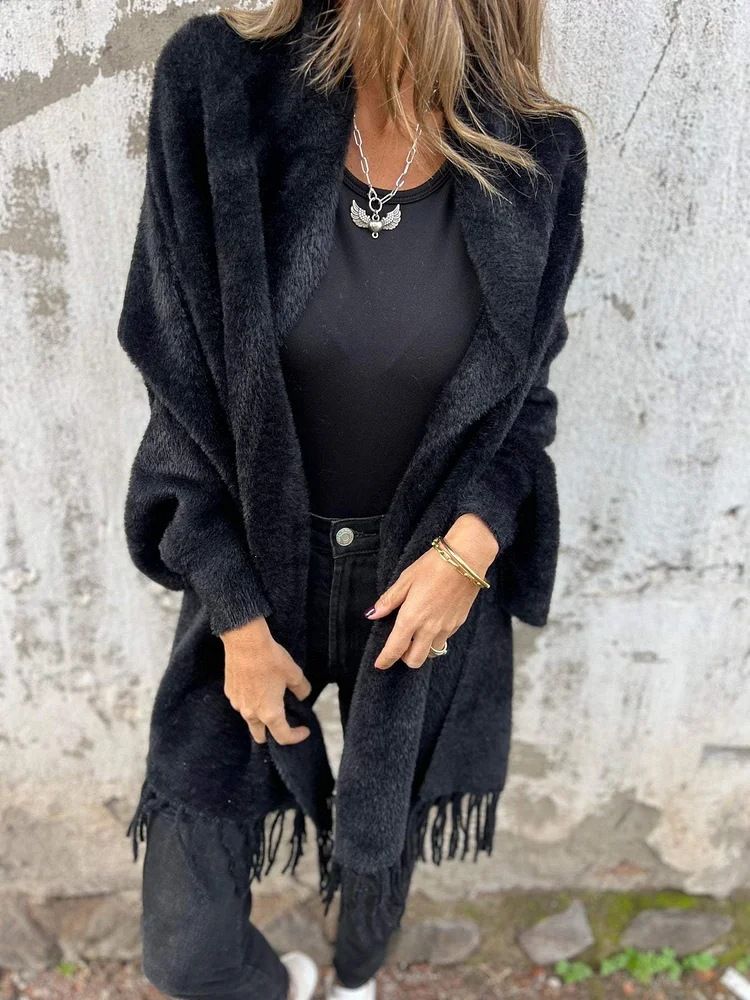 Poncho avvolgente in maglia con frange - Morbido misto poliestere acrilico, maniche a pipistrello oversize, stile boho chic da strada per donna_voghion.com