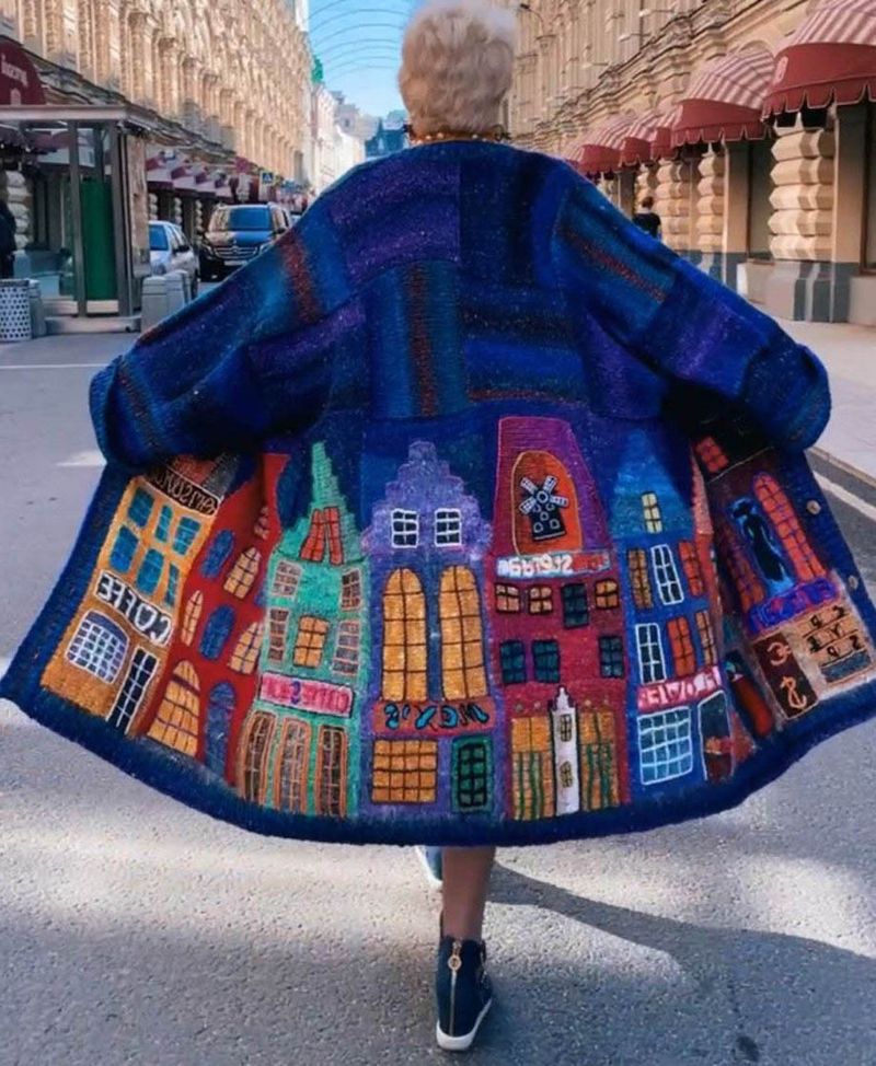 2023 Autumn New Women's Fashion Cardigan Long Sleeve Loose Coat Printed Woolen Coat_voghion.com
