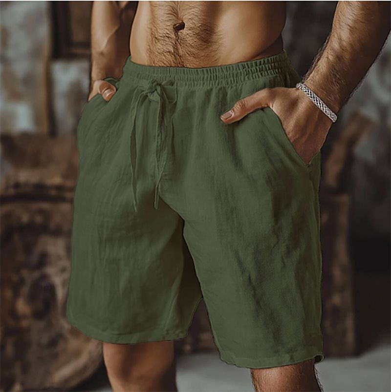 Short en coton et lin pour homme, taille élastique avec cordon de serrage, coupe droite, couleur unie, respirant, pour la plage, cinq points, décontracté_voghion.com