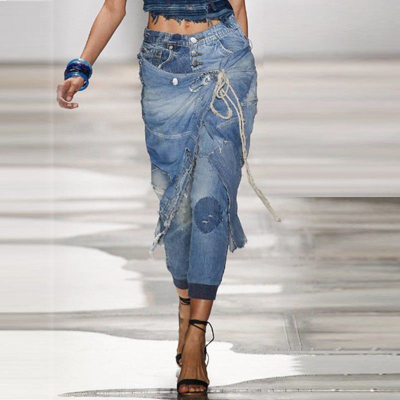 Women's Patchwork Comfortable Casual Torn Lace-up Threaded Calf Jeans_voghion.com