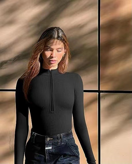 Langärmliger Einteiler für Damen, sexy gerippter Einteiler mit Reißverschluss vorne, langärmliger Einteiler_voghion.com