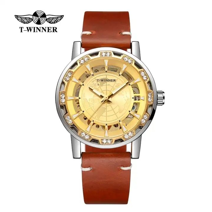 Winner 001C Watches For Men Automatic Mechanical Map Clock Mechanism Hollow Out Skeleton Fashion Wind Up Male Wristwatch_voghion.com