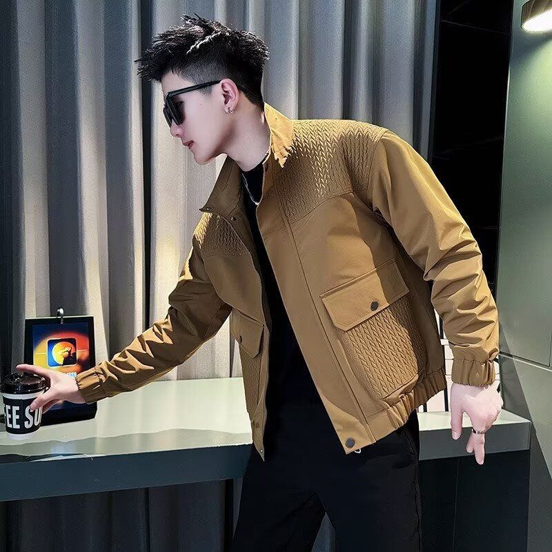 Teenagers Wearing Stand Up Collar Standard Jacket, Regular Long Sleeved Workwear Jacket, Men's Zipper_voghion.com