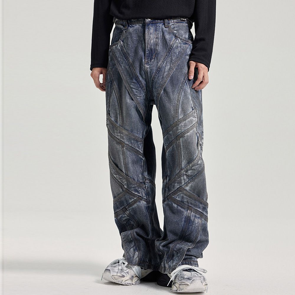 Men's Distressed Washed Denim Jeans - Deconstructed Streetwear With Patchwork & Relaxed Straight-Leg Fit_voghion.com