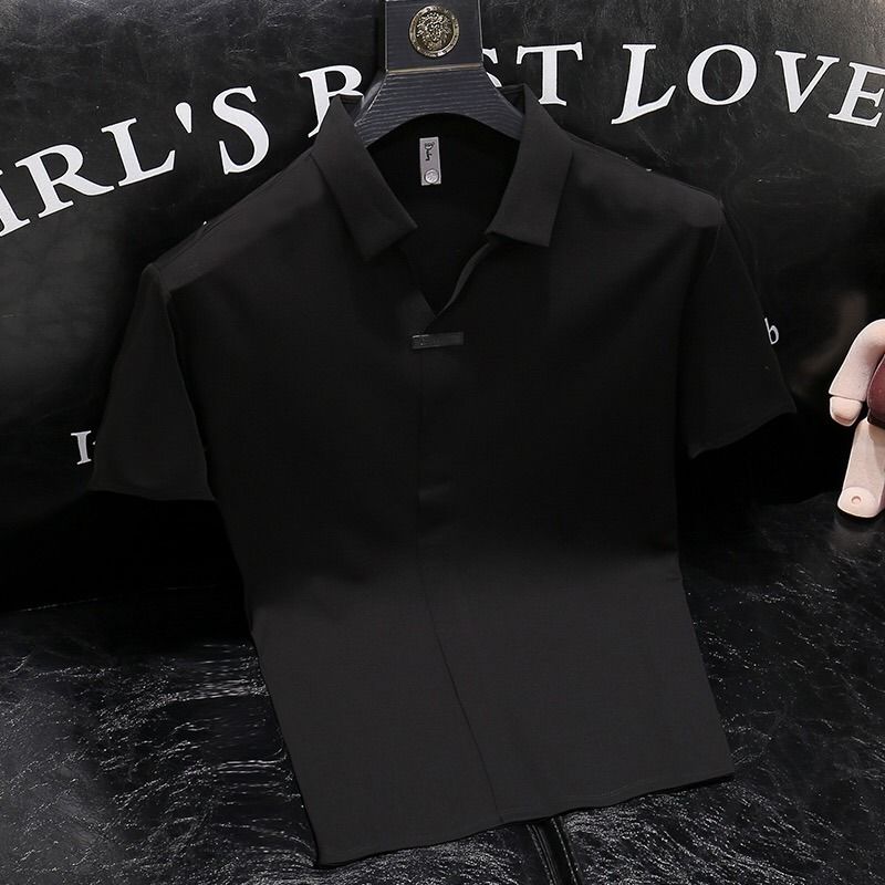 Men's Clothing Summer youth business casual high elastic short sleeved POLO shirt ice silk seamless V neck short sleeved men's T shirt_voghion.com