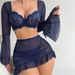 Set di lingerie sexy da donna, in rete trasparente, con maniche a campana, reggiseno push-up, minigonna e perizoma, 3 pezzi_voghion.com