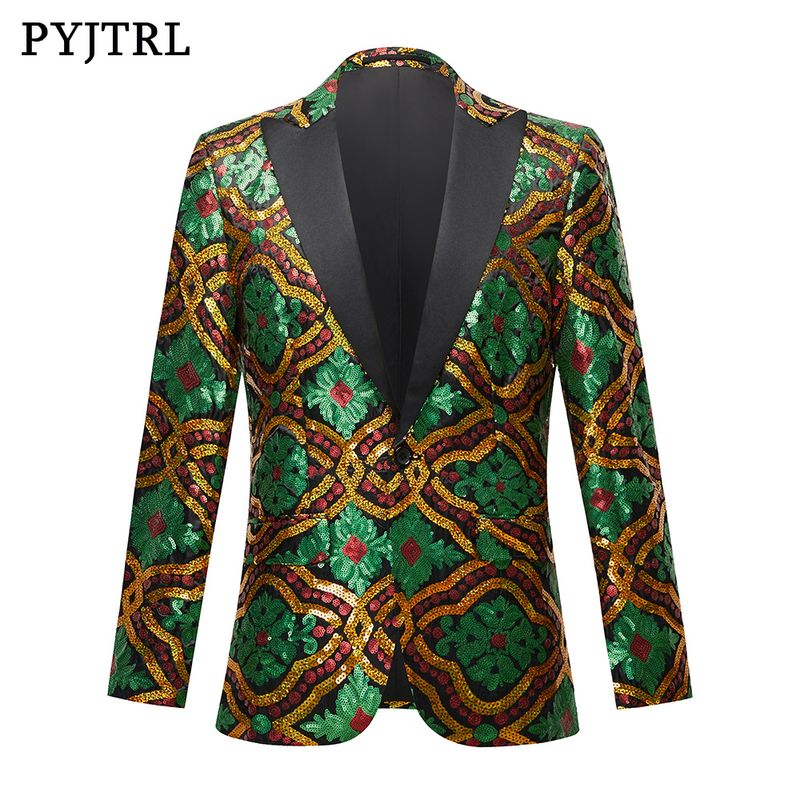 Sängerkostüm für Herren, Performance-Anzugjacke mit Pailletten, grün-goldenes Reversoberteil für Herren_voghion.com