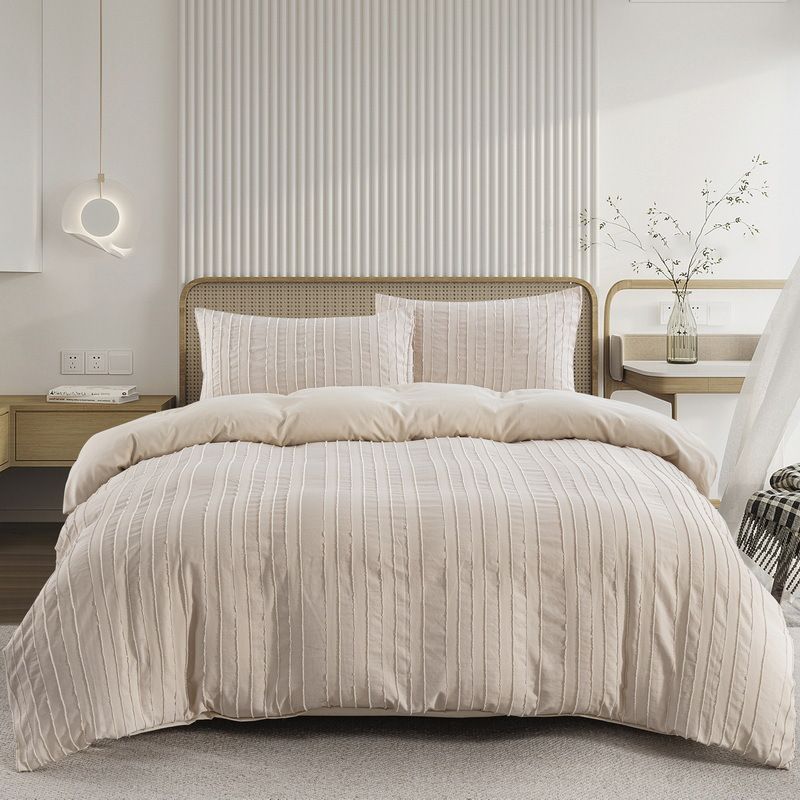 Set copripiumino soffice a righe color cachi chiaro - Biancheria da letto morbida da 3 pezzi con motivo a fiori recisi per un arredamento accogliente._voghion.com