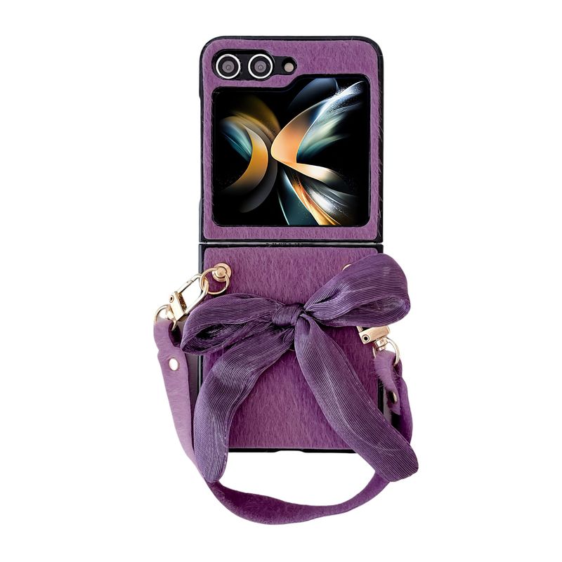 Purple bowknot suitable for Samsung ZFlip 5 phone case ZFlip4/3 fold folding screen protector sheath plush hand_voghion.com