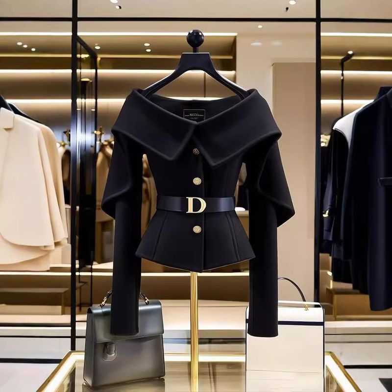 Women's Clothing Black short jacket ladies stylish small fragrance style one shoulder top_voghion.com