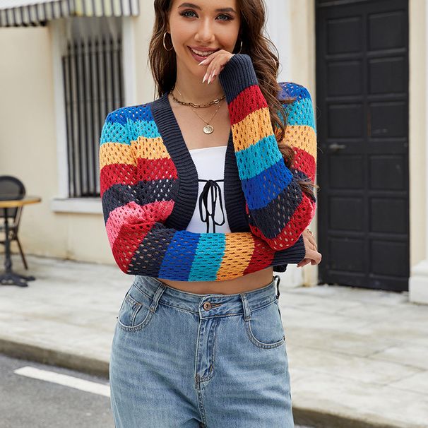 Stylische gestreifte Häkel-Strickjacke mit Gürtel – leichtes, offen gestricktes Cover-Up für Damen, locker sitzende Langarm-Freizeitbluse mit V-Ausschnitt_voghion.com