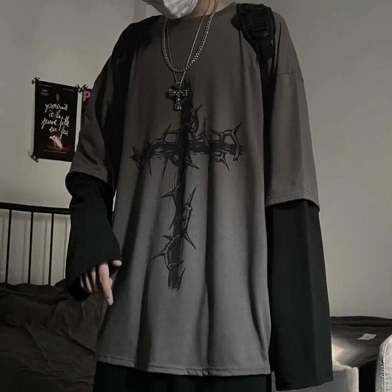 Magliette stile gotico gotico Mall Goth Tops T-shirt oversize a maniche lunghe punk Falso in due pezzi Moda di strada stile coreano338_voghion.com