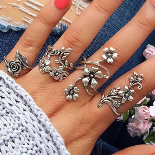 Conjunto de anillos de plata antigua con diseño de flor hueca, moderno y exclusivo para mujer, muy vendido._voghion.com