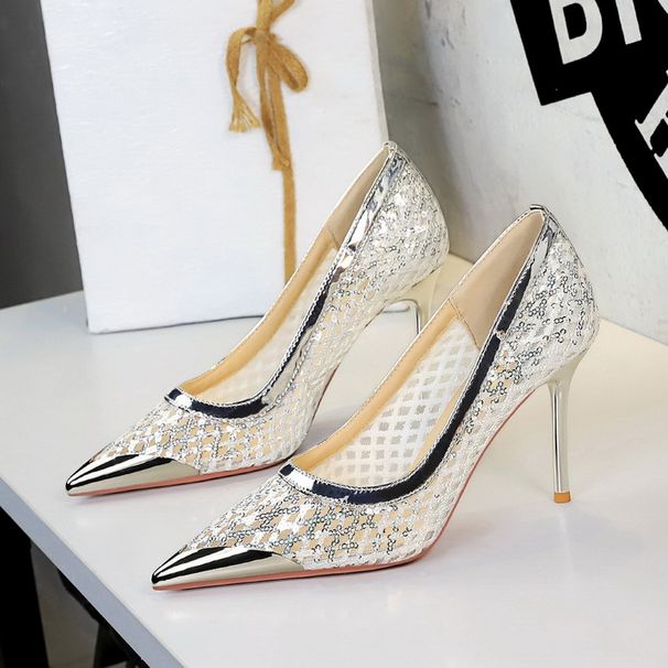 Women's Shoes Sexy Pointed Toe Low Cut High Heels With Sequins, Mesh, Metal Toe, And Stiletto Heels For Women._voghion.com
