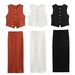 Women's Stretchy Knit Vest & High-Slit Skirt Set - Autumn Casual Two-Piece Outfit (XS/S/M/L) - Black/White/Wine Red_voghion.com