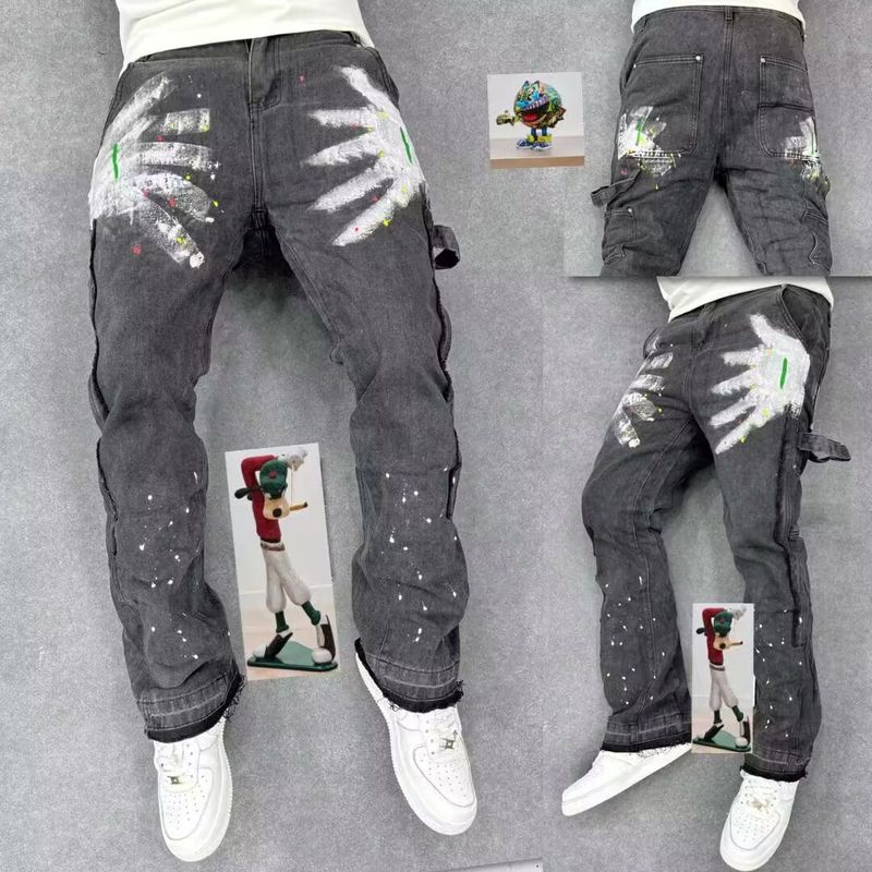 European and American high street washed distressed spliced logging jeans men's retro fashion trend splashed ink printed wide leg pants_voghion.com