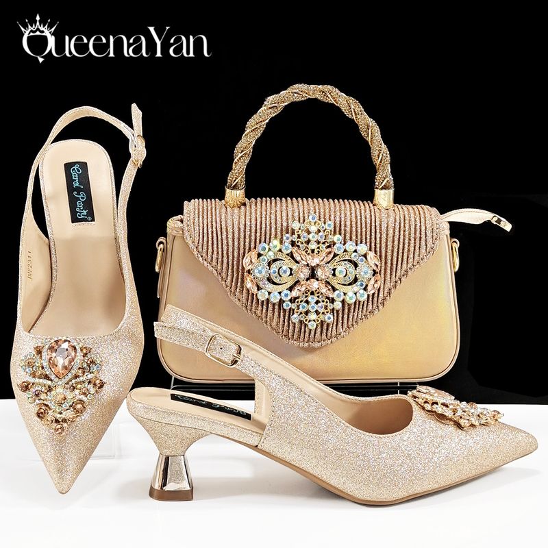 Women's pointed shoe bag set, soft square bag, diamond buckle decoration, fashionable banquet style, suitable for daily wear_voghion.com