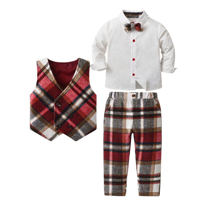 Kids’ Clothing Baby Plaid Vest Dress Three piece Boys Suit_voghion.com