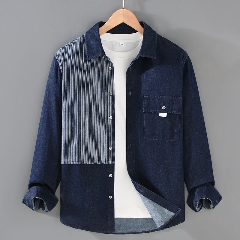 Denim-Hemd mit kontrastierenden Streifen für Herren, lässiges, locker sitzendes Patchwork-Hemd mit langen Ärmeln_voghion.com