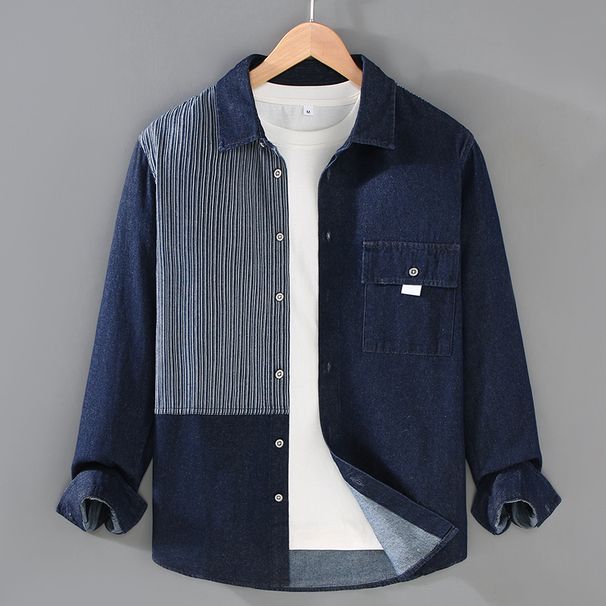 Denim-Hemd mit kontrastierenden Streifen für Herren, lässiges, locker sitzendes Patchwork-Hemd mit langen Ärmeln_voghion.com