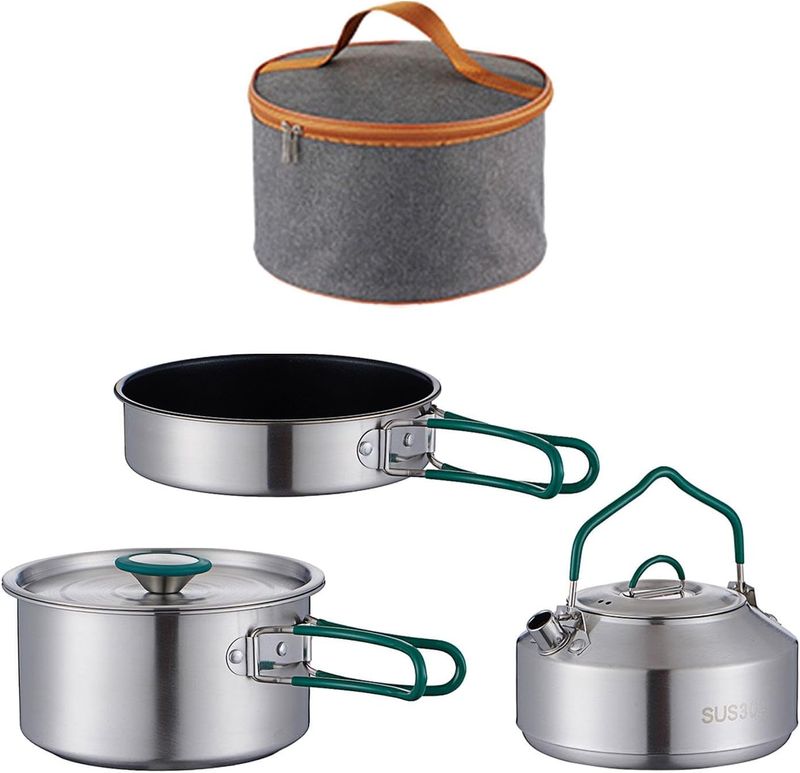 3Pcs Camping Cooking Set Included Carry Bag Folding Handle Pot Pan Kettle Camping Cookware For Picnic Trekking Fishing Home_voghion.com