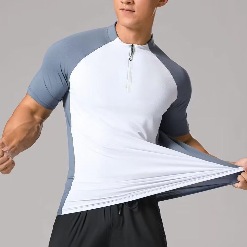 Men's Clothing Running Sports Short Sleeved T Shirt Men's Stand Up Collar Half Zip Solid Color Fitness Clothes Training Stretch Quick Drying Clothes_voghion.com