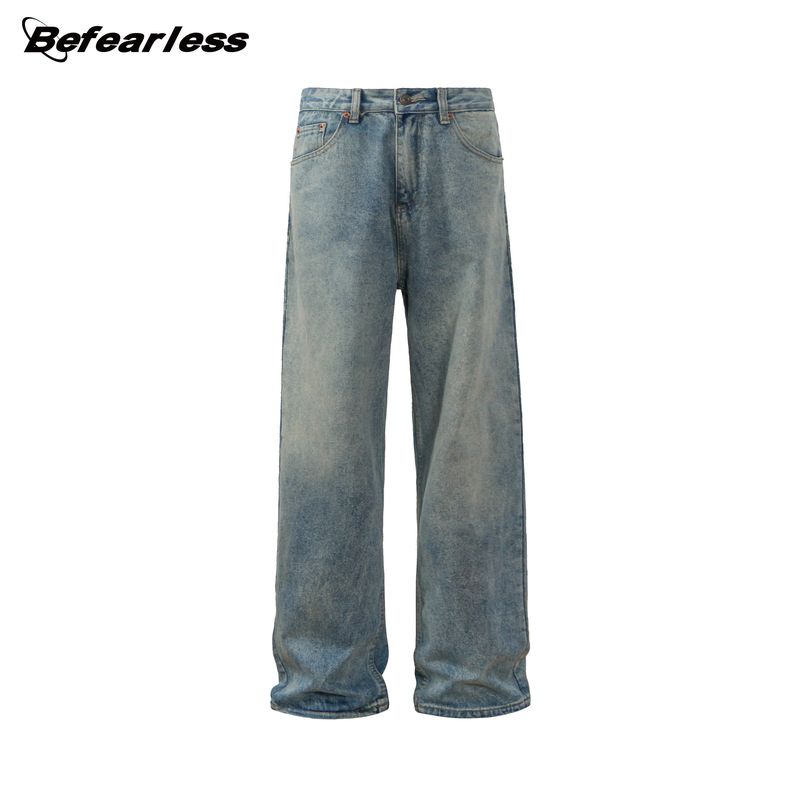 Men's Clothing Retro Vintage Washed Jeans Men And Women Loose Baggy Wide Leg Clean Fit Pants Trendy Brand_voghion.com