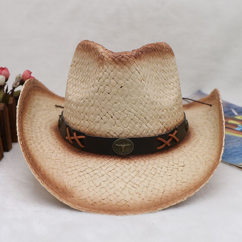  Handgestrickte Western-Mode-Männer-Distressed-Retro-Cowboy-Mütze mit Kuhkopf-Dekoration_voghion.com