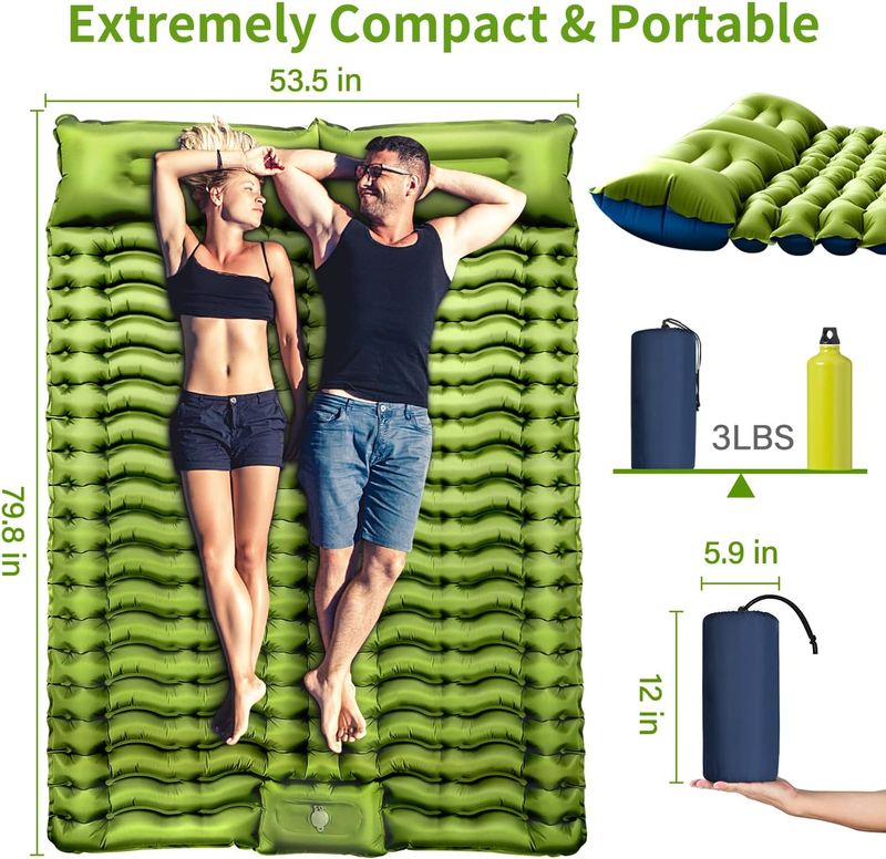 Double Sleeping Pad - Self Inflating 4" Extra-Thick for 2 Person with Pillow Built-in Foot Pump Inflatable Sleeping Mat for Backpacking, Hiking_voghion.com