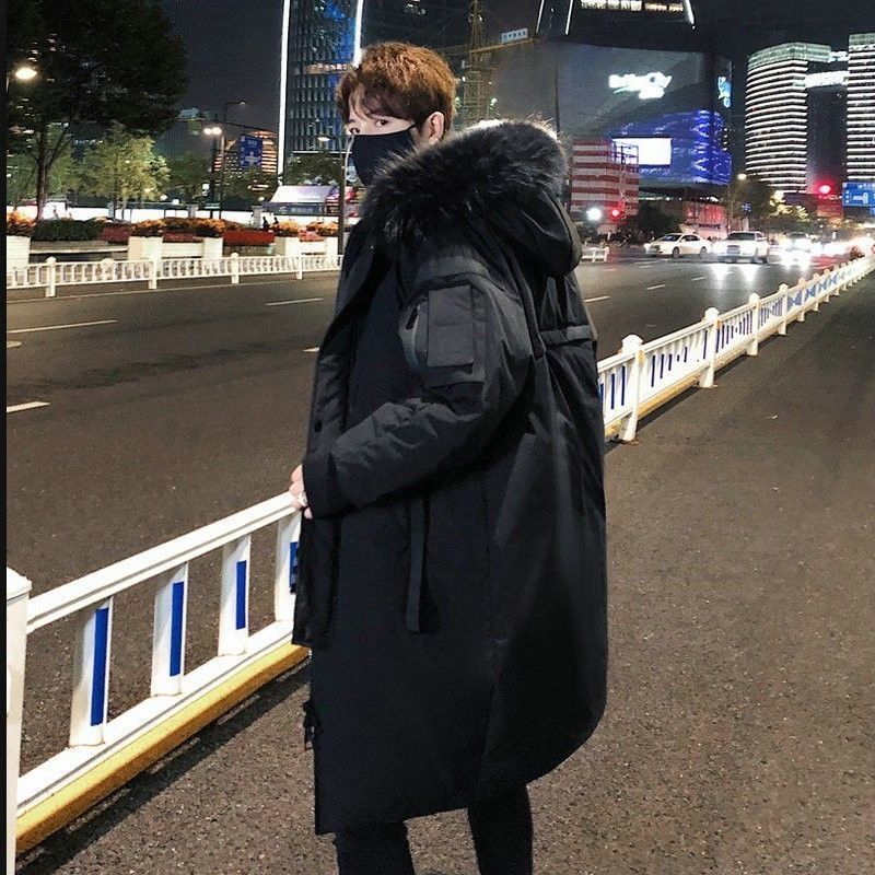 Langer Daunenmantel für Herren mit übergroßer Fuchspelzkapuze – knielanger Parka im koreanischen Streetwear-Stil (S-XXXL, Schwarz/Marineblau/Creme, 600 g Daunenfüllung)​_voghion.com