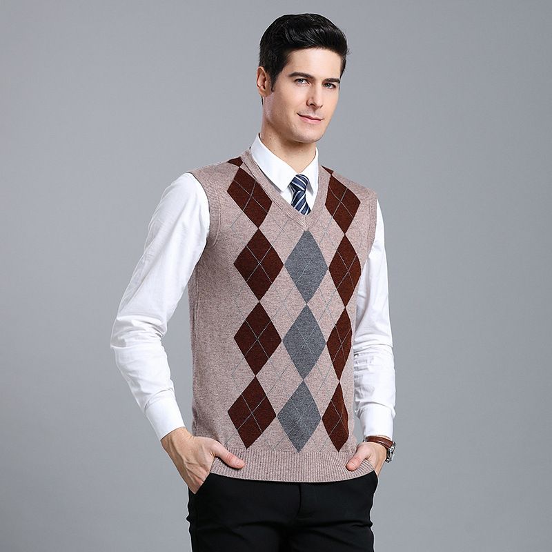​​Herren-Wollstrickweste für den Winter, warm, ärmellos, mit Rautenmuster, V-Ausschnitt, Pullover, Weste für die Freizeit​​_voghion.com