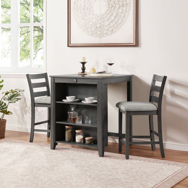 30" Modern Dining Table Set For 2 With Charging Station & 3-Tier Adjustable Storage | Space-Saving Kitchen Set With Upholstered Chairs For Small Spaces, Apartment,Gray_voghion.com