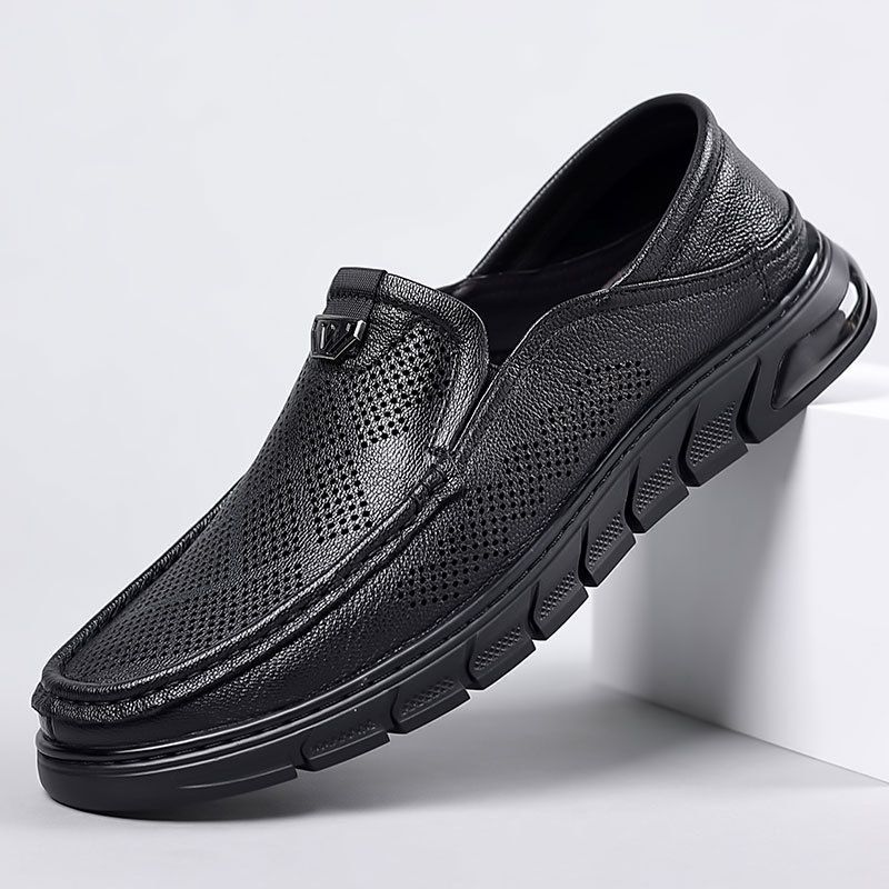 Zapatos casuales de verano de suela blanda con agujeros de piel de oveja, transpirables, para hombre._voghion.com