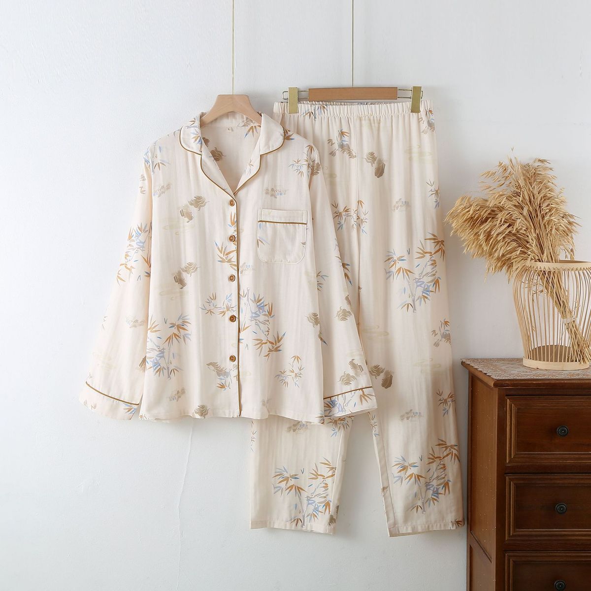 Pure Cotton Double-layer Gauze Simple Pajama Set Women's Spring And Autumn Thin Cotton Loose Loungewear_voghion.com