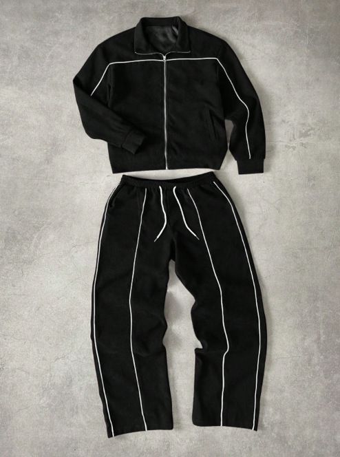 Herren-Set aus Oversize-Trainingsjacke mit Reißverschluss und Jogginghose – Streetwear-Zweiteiler mit Kontraststreifen (Schwarz/Grau/Marineblau, S-XXL)_voghion.com