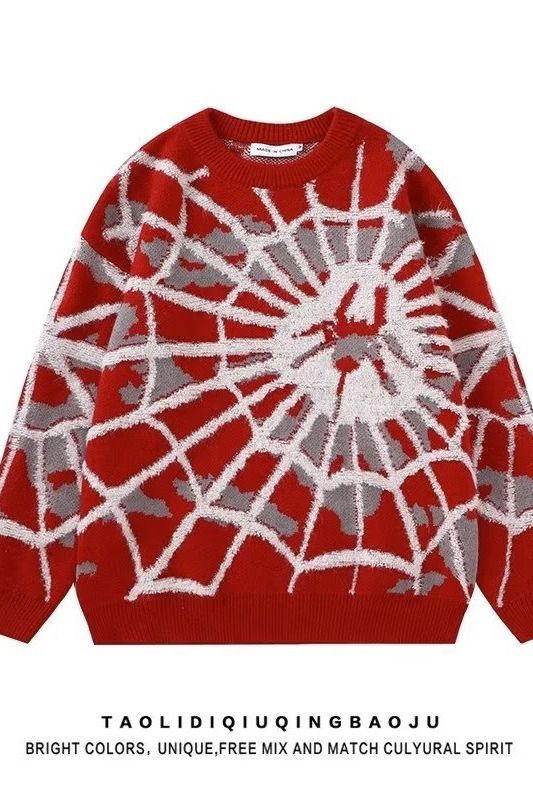 Herrenbekleidung Spinnen-Jacquard-Rundhalspullover für Männer und Frauen Herbst und Winter Lazy Trend Brand Oversize Design roter Pullover_voghion.com