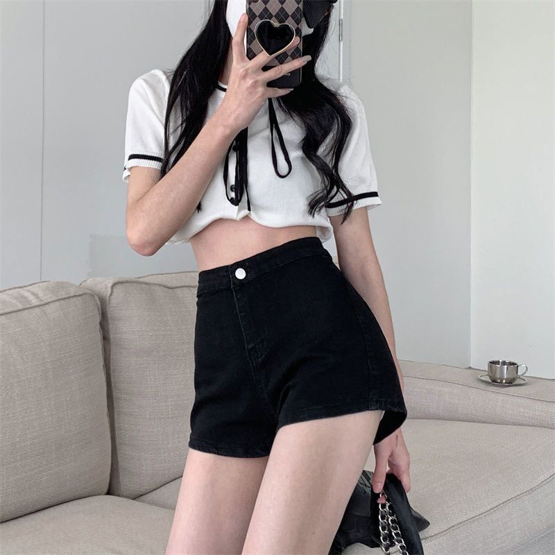 Sexy Spicy Girl Hot Pants Dames Zomer 2024 Nieuwe Zwarte Brede Hoge Taille Elastische Wikkel Heup Rechte Pijp Denim Shorts Dames_voghion.com