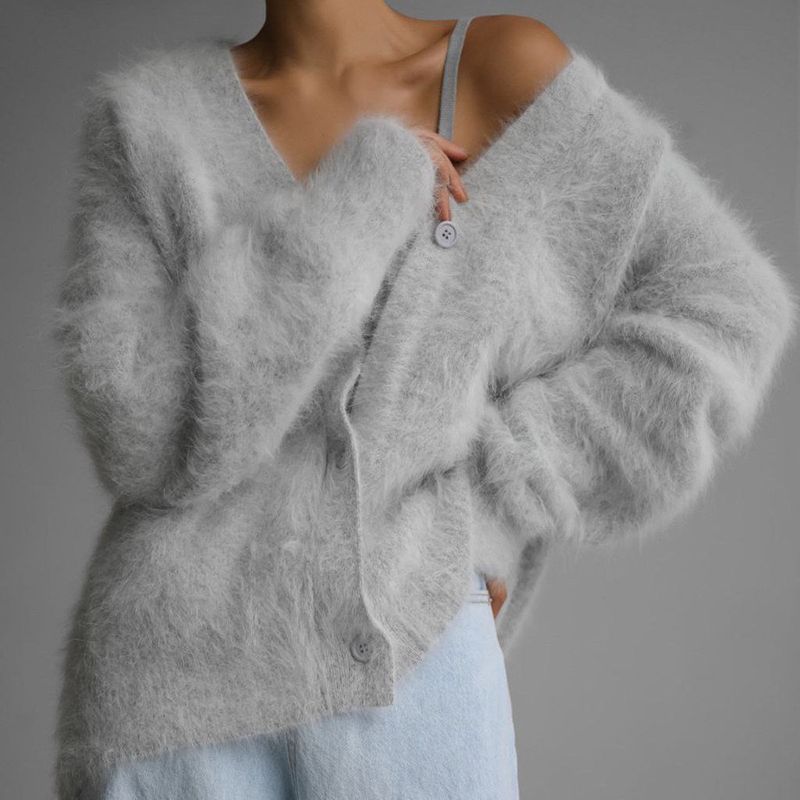 Maglione lavorato a maglia con scollo a V in visone per donna, autunno e inverno, nuovo cardigan ampio in tinta unita, cappotto femminile_voghion.com